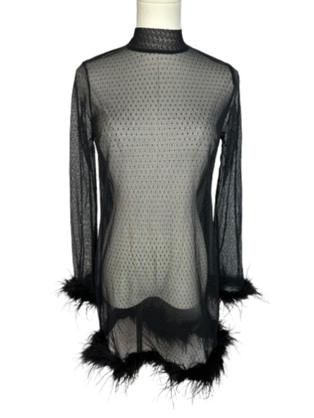 Lulu's Black Sheer Mesh Long-Sleeve Chemise with Feather Trim